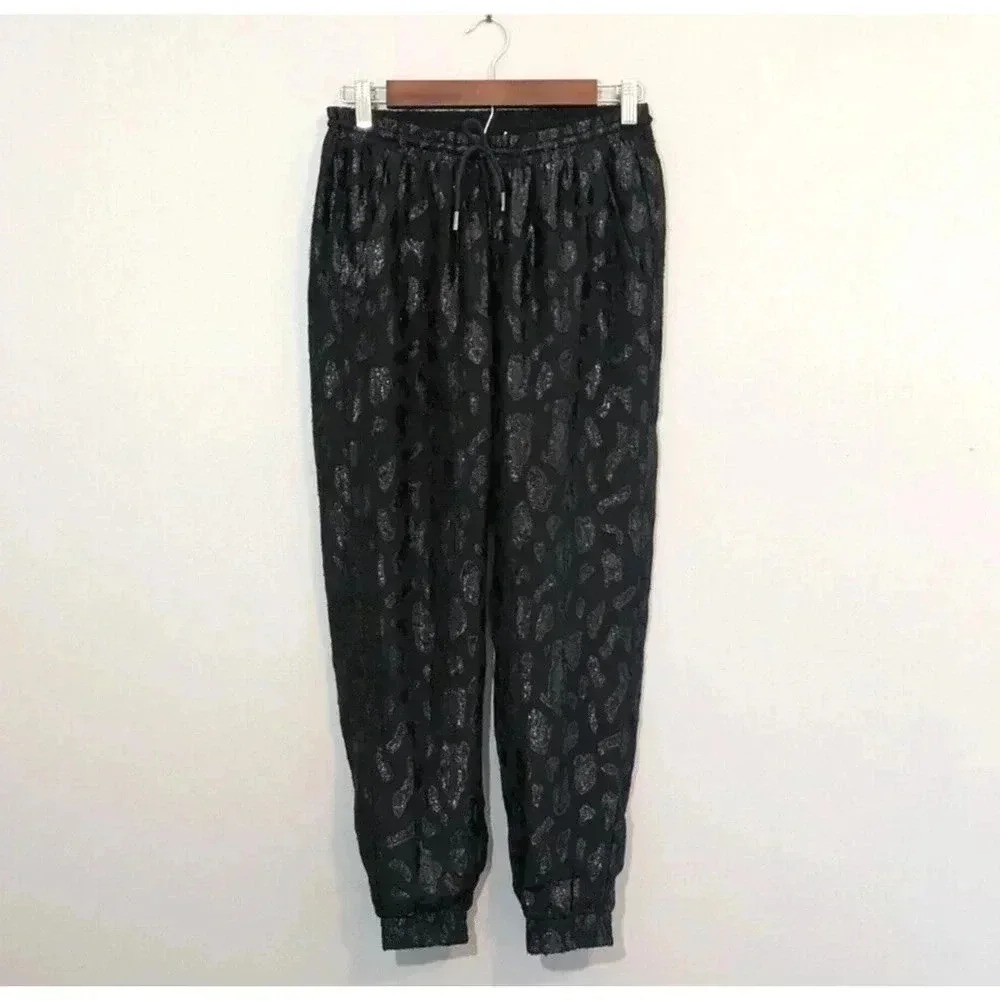 Zara Black Metallic Leopard Animal Print Joggers Size Small Drawstring Pockets